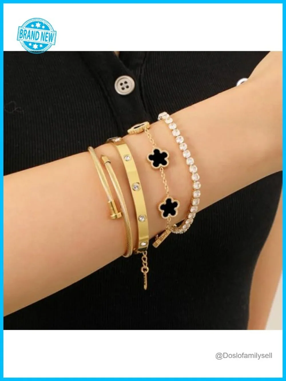 4 Piece Stackable Floral Bracelet Set, Gold Plated Twisted Cable Bangle,